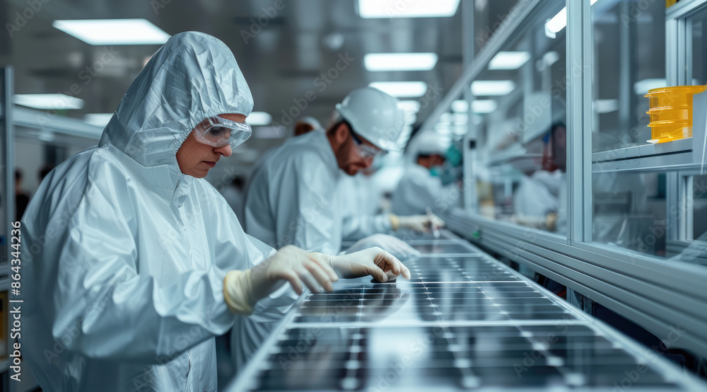 Poster Workers in a laboratory testing new prototypes of solar panels. Generative AI.