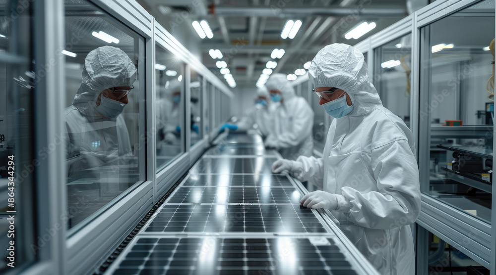 Poster Workers in a laboratory testing new prototypes of solar panels. Generative AI.