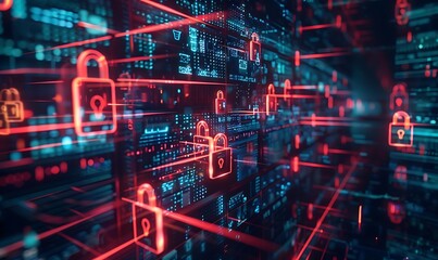 Stylized padlocks and encrypted data streams flowing through a digital matrix