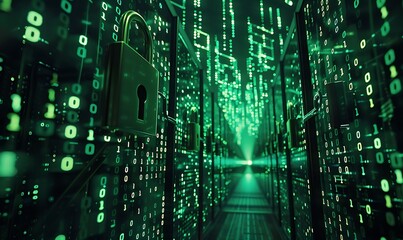 Stylized padlocks and encrypted data streams flowing through a digital matrix