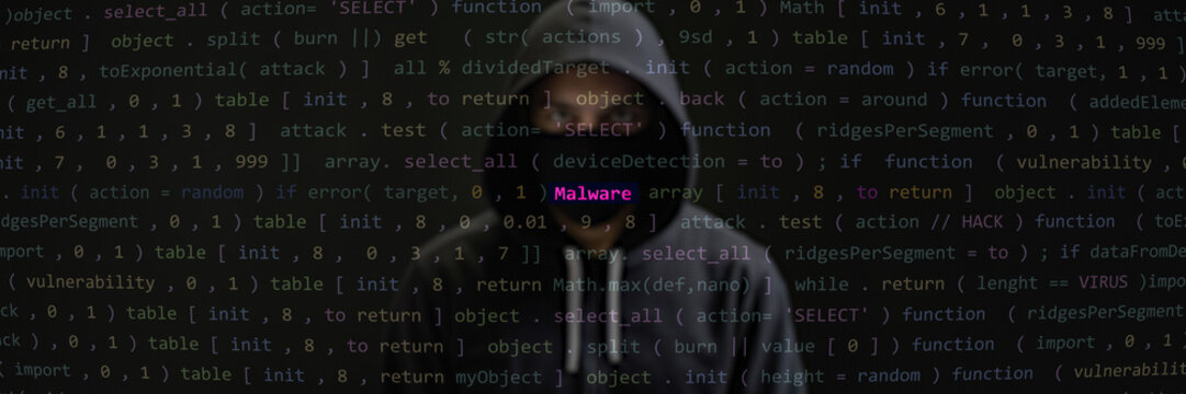 Cyber attack malware text in foreground screen, Anonymous hacker hidden with hoodie in the blurred background. Vulnerability text in binary system, code on editor screen. Text in English, English text