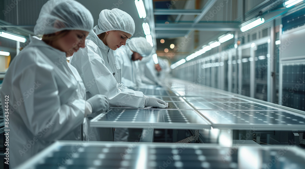 Poster Workers in a laboratory testing new prototypes of solar panels in the factory. Generative AI.