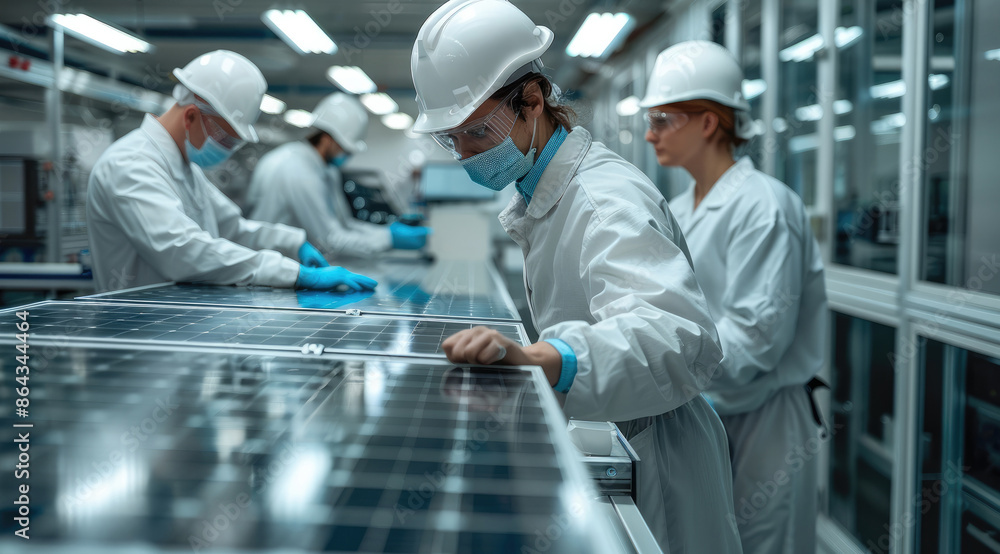 Poster Workers in a laboratory testing new prototypes of solar panels in the factory. Generative AI.