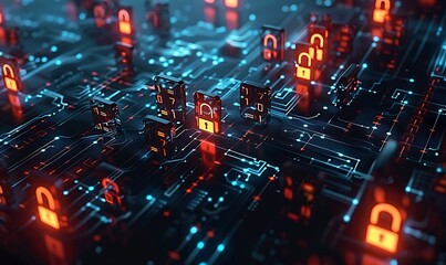 Stylized padlocks and encrypted data streams flowing through a digital matrix