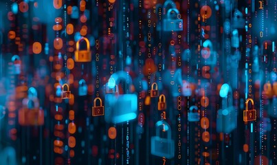 Stylized padlocks and encrypted data streams flowing through a digital matrix