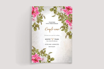 WEDDING INVITATION FRAME WITH FLOWER DECORATIONS AND FRESH LEAVES 