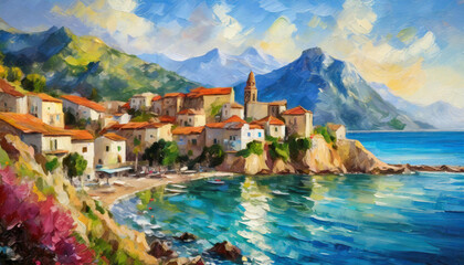Fototapeta premium oil painting of a small town by the sea and ocean with the shore, big beautiful mountains, summer holidays holidays sun