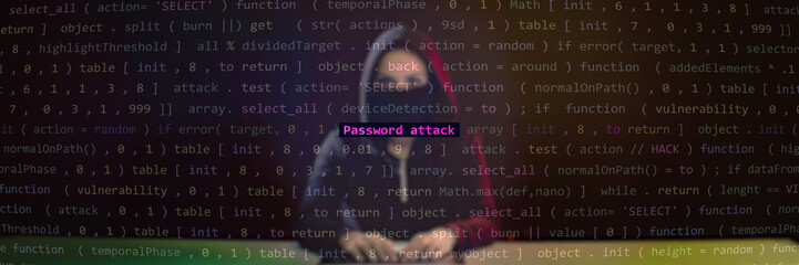 Cyber attack password attack text in foreground screen, Anonymous hacker hidden with hoodie in the blurred background. Vulnerability text in binary system, code on editor screen. Text in English, 
