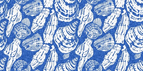 Azure blue white shell motif with linen seamless batik border background. Modern coastal beach cottage rustic shell block print home decor pattern design in sealife beach banner style. 