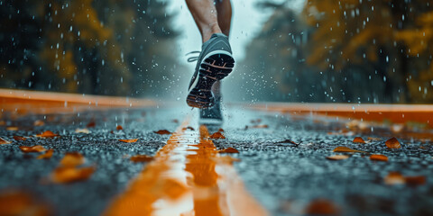 Athlete running on rain soaked racetrack at stadium