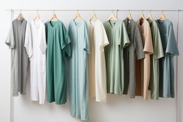 Soft and comfortable spa pajamas arranged in order On a white background, show off the texture, color and design. Focus on details of shirts, pants, shoes, and shawls.