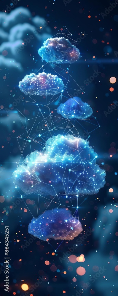 Poster futuristic digital representation of cloud computing with glowing connections in a dark starry backg