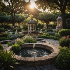 A peaceful garden with a beautiful fountain and