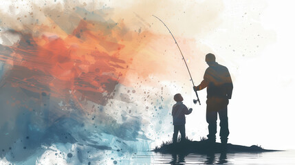 Silhouette of a father and son fishing, bonding moment, heartwarming scene, pastel illustration, isolated on white background.