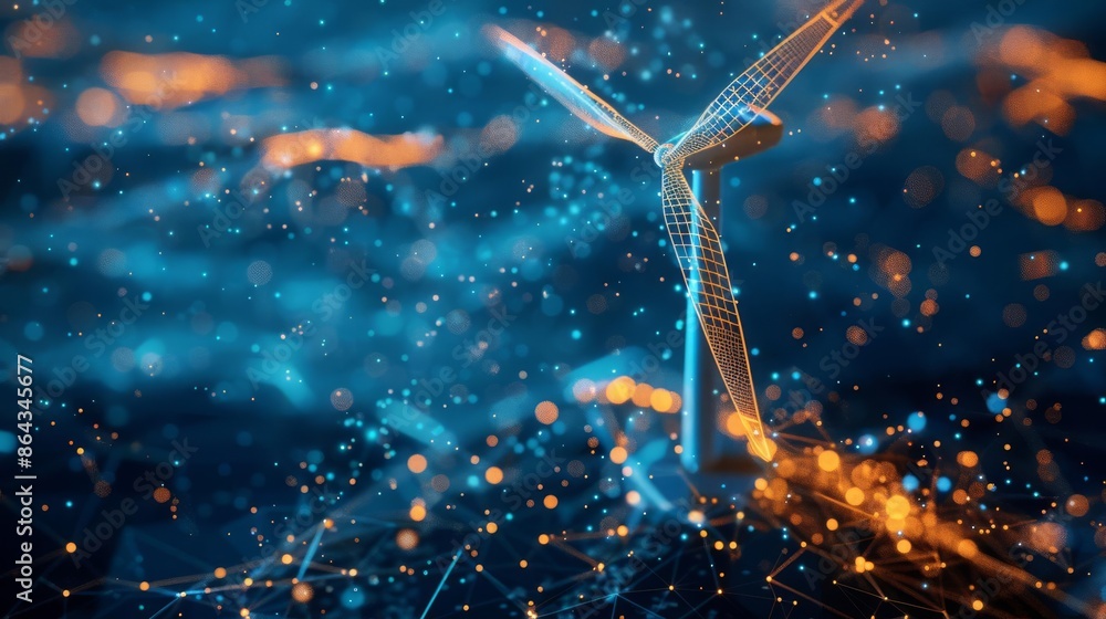 Poster futuristic digital representation of a wind turbine with bright lights and abstract network connecti