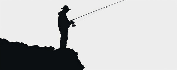Silhouette of an angler with fishing gear, preparing tackle, hobbyist theme, minimalist lines, isolated on white background.