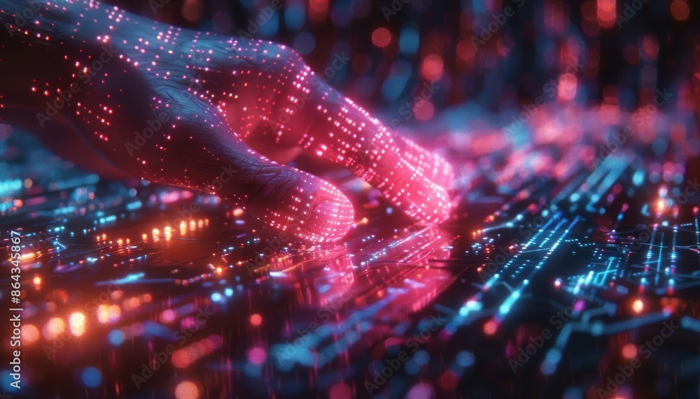 Poster futuristic digital hand interacting with a glowing holographic interface, representing artificial in