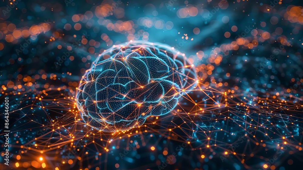 Poster digital representation of a human brain in blue and orange, symbolizing ai technology, neural networ