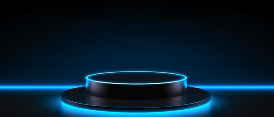 Minimalist black podium spotlighting an absent product, set against a dramatic dark background ambiance.