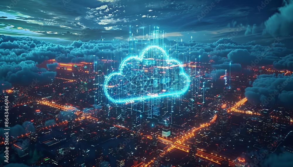 Poster a futuristic digital cloud hologram over a cityscape, representing cloud computing and technology in