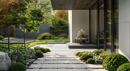 Fototapeta premium Modern minimalist styles, garden, orderly white floor tile, shrubs, flowers, table, chair. Generative AI.