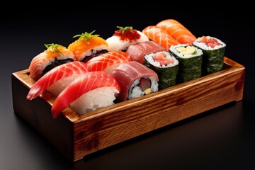 Various types of sushi in a wooden box on a white background Showing the traditional atmosphere.