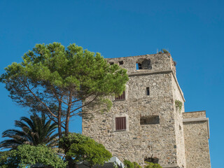 Old stone tower - Torre Aurora with tree against blue sky. Monterosso al Mare, Liguria, Italy. Cinque Terre national park and an Unesco World Heritage Site.