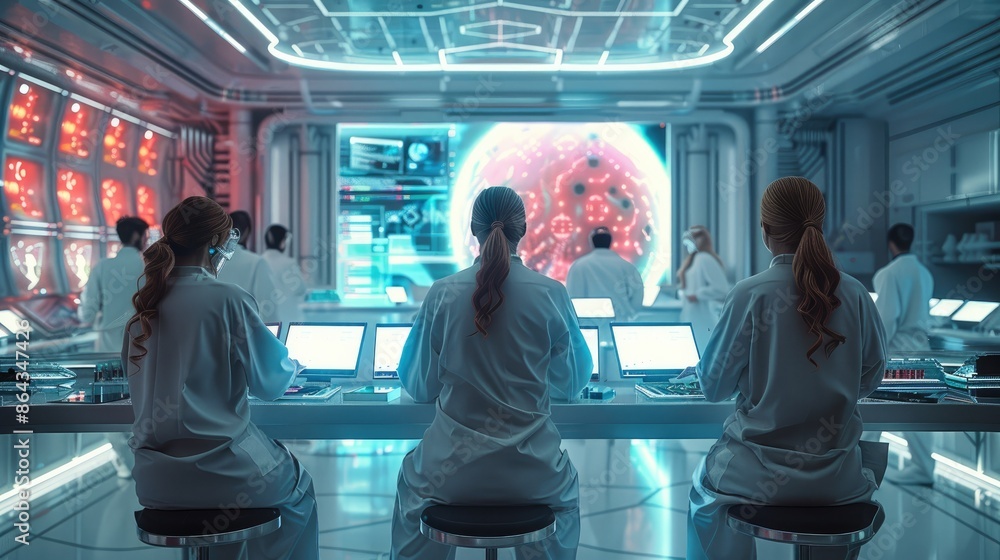 Poster futuristic laboratory with researchers sitting by the table, lab workers in fashionable white lab co