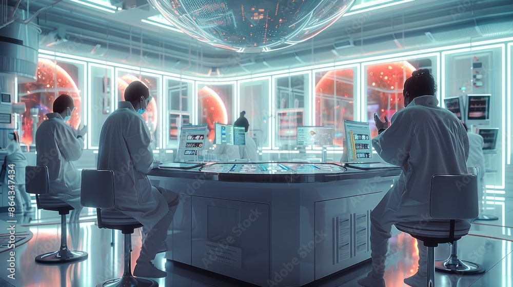 Poster futuristic laboratory with researchers sitting by the table, lab workers in fashionable white lab co