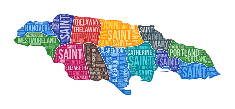 Jamaica shape. Country word cloud with region division. Jamaica colored illustration. Region names cloud. Vector illustration.