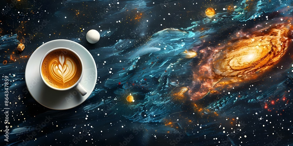 Poster chalkboard with coffeetea cup in spacethemed design colorful elements and empty space. concept space