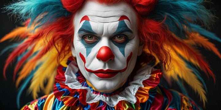 Ein ernster Clown mit buntem Make-up und intensivem Blick.