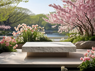  Background podium 3D spring flower product beauty pink display nature. 3D podium stand background scene floral mockup cosmetic white blossom summer abstract shadow platform minimal design render stag