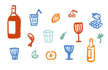 Hand drawn wine and Mediterranean food. Naive art illustration. Elements of summer party, picnic, or dinner.