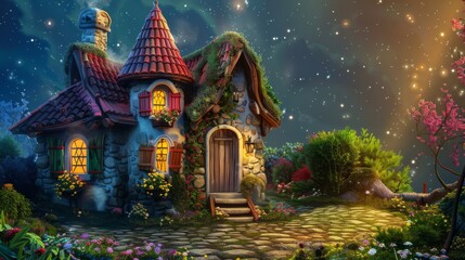 Obraz premium Illustration of A whimsical house with a crooked chimney, vibrant shutters, and a twinkling garden path