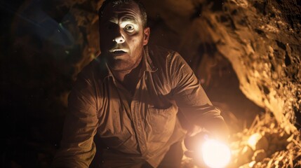 man about to enter a dark cave, holding a flashlight, with a look of apprehension