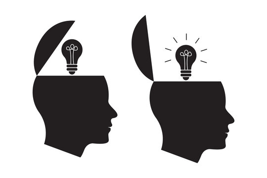 open minded character set with head shape lightbulb. idea concept use in business, Think outside the box, light bulb in a head, New idea, brainstorming, solution