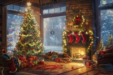 Christmas Living Room Decorated With Tree and Fireplace. Festive Holiday Scene