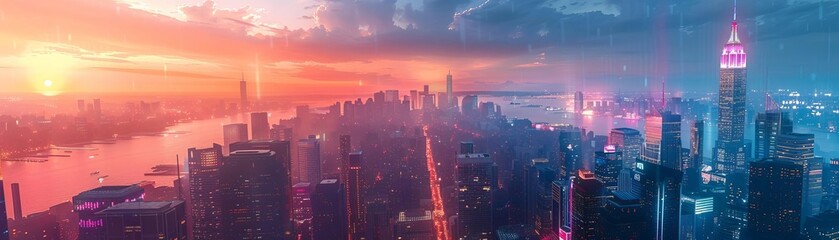Obraz premium Stunning aerial view of a vibrant city skyline at sunset with skyscrapers and high-rise buildings bathed in colorful twilight hues.
