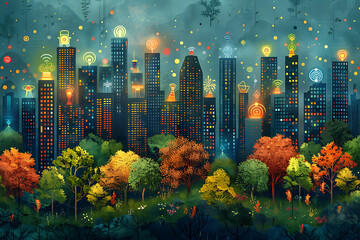 Autumn cityscape painting. Urban city, skyscraper buildings. Park landscape, yellow fall.