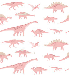 Vector seamless pattern of flat hand drawn pink dinosaurs isolated on white background