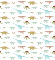 Vector seamless pattern of flat hand drawn dinosaurs isolated on white background