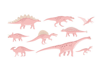 Vector set of flat hand drawn pink dinosaurs isolated on white background © Sweta