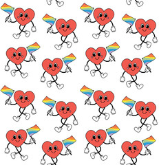 Naklejka premium Vector seamless pattern of groovy retro cartoon heart with lgbtq flag isolated on white background