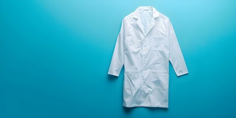 Promotional photo of white lab coat on blue background with clean design. Concept Promotional Photoshoot, White Lab Coat, Blue Background, Clean Design