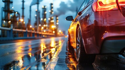 Luxury car surrounded by pollution in an oil refinery, Energy production and environmental impact