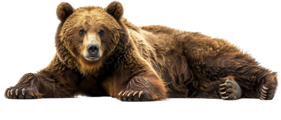 Close-up of a large, majestic brown bear resting on the ground, showcasing its powerful build and dense fur in a natural setting.