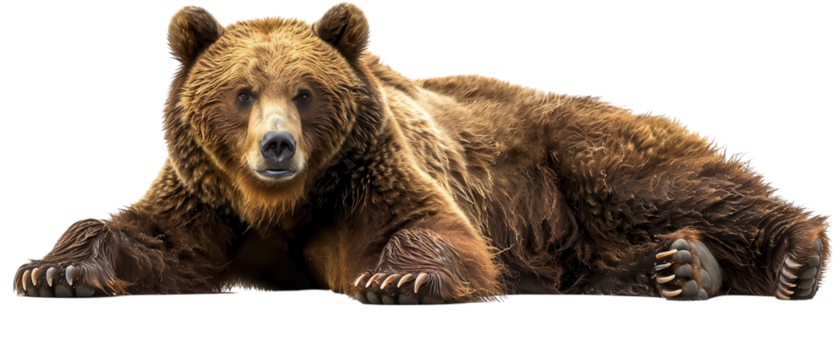 Close-up of a large, majestic brown bear resting on the ground, showcasing its powerful build and dense fur in a natural setting.