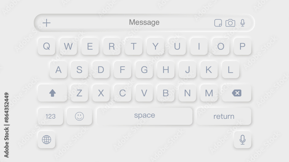 Poster white neomorphic and neumorphic mobile keyboard mockup for messaging apps. vector illustration.