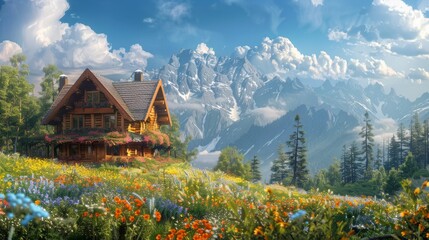 Fototapeta premium Illustration of A dreamy mountaintop cottage with a sweeping view, surrounded by whispering pines and wildflowers